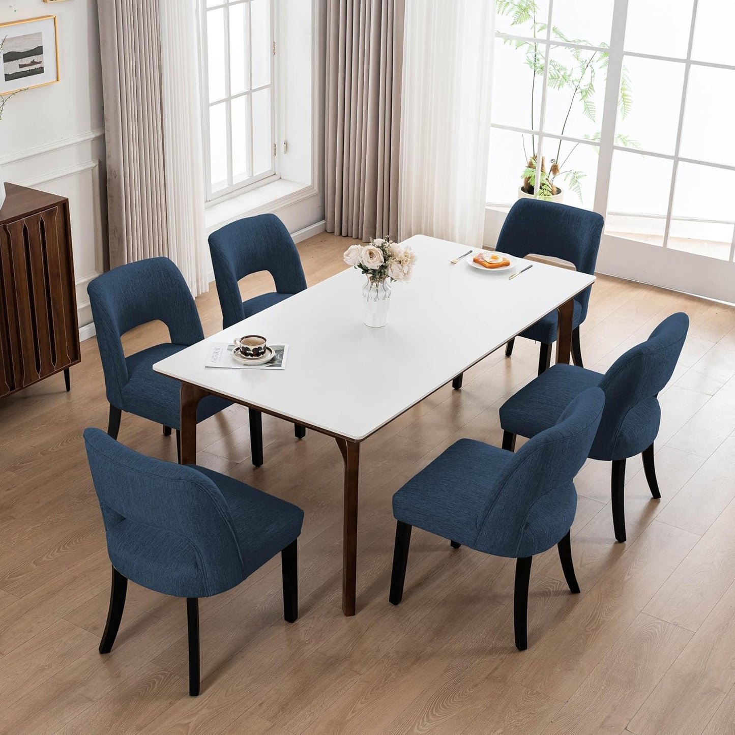 VKNOW Dining Chairs Set of 4, Fabric Dining Chairs, Green | Modern Mid-Century Upholstered Farmhouse Dinner Chair for Kitchen Dining Room Restaurant, Easy Assembly — Blue-black Legs / Set of 6