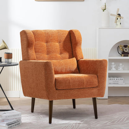 Accent Chair, Comfy Upholstered Living Room Chairs with High Tufted Backrest and Pillow, Wingback Reading Chair with Solid Wood Legs for Bedroom/Office,Teddy Fabric, Light Green — Set of 1 / Orange