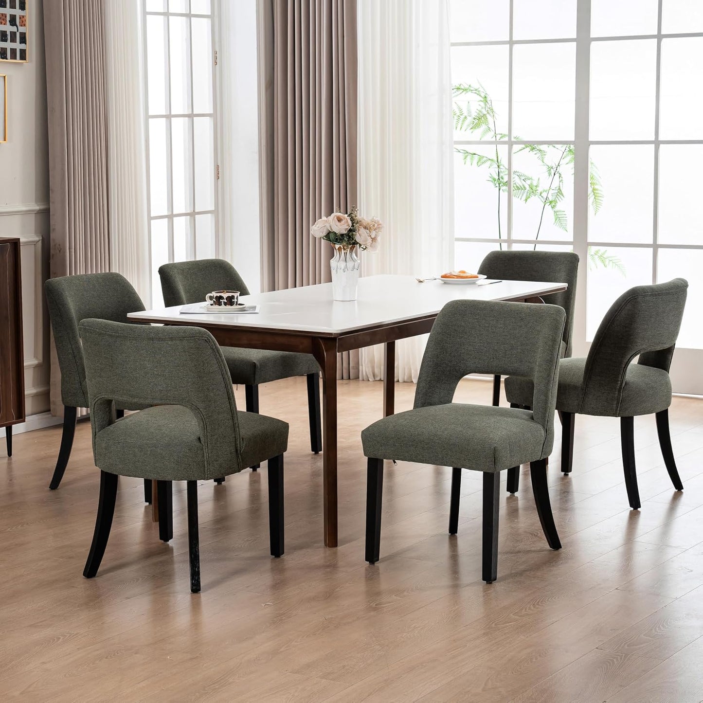 VKNOW Dining Chairs Set of 4, Fabric Dining Chairs, Green | Modern Mid-Century Upholstered Farmhouse Dinner Chair for Kitchen Dining Room Restaurant, Easy Assembly — Green-black Legs / Set of 6