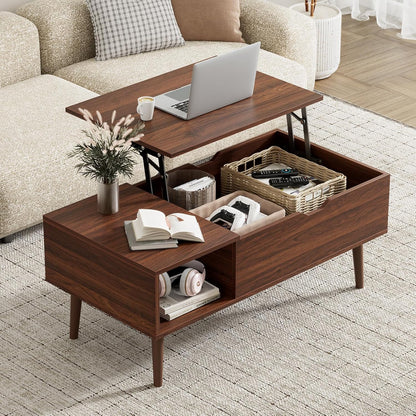 Wood Lift Top Coffee Table with Hidden Storage Compartment & Open Shelf, Multi-Functional Wooden Tabletop Dining Table for Living Room, Home Small Space — Dark Brown / 39 Inches