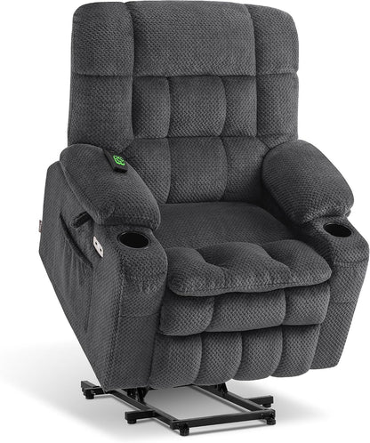 MCombo Dual Motor Power Lift Recliner Chair with Massage and Heat for Elderly People, Infinite Position, USB Ports, Cup Holders, Fabric 7890 (Medium, Dark Gray) — Dark Gray / Large