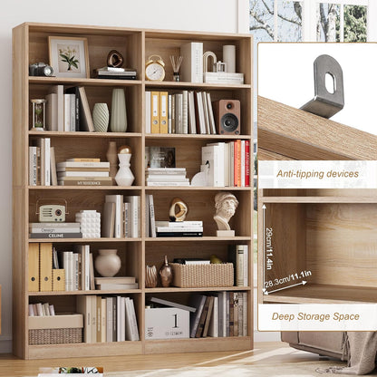 FACBOTALL Bookshelf and Bookcase, 6-Tier Double Wide Bookshelves,Freestanding Display Storage Shelves, Tall Bookcases for Home Decor Bedroom, Living Room, Home Office, Light Oak — Light Oak (6)