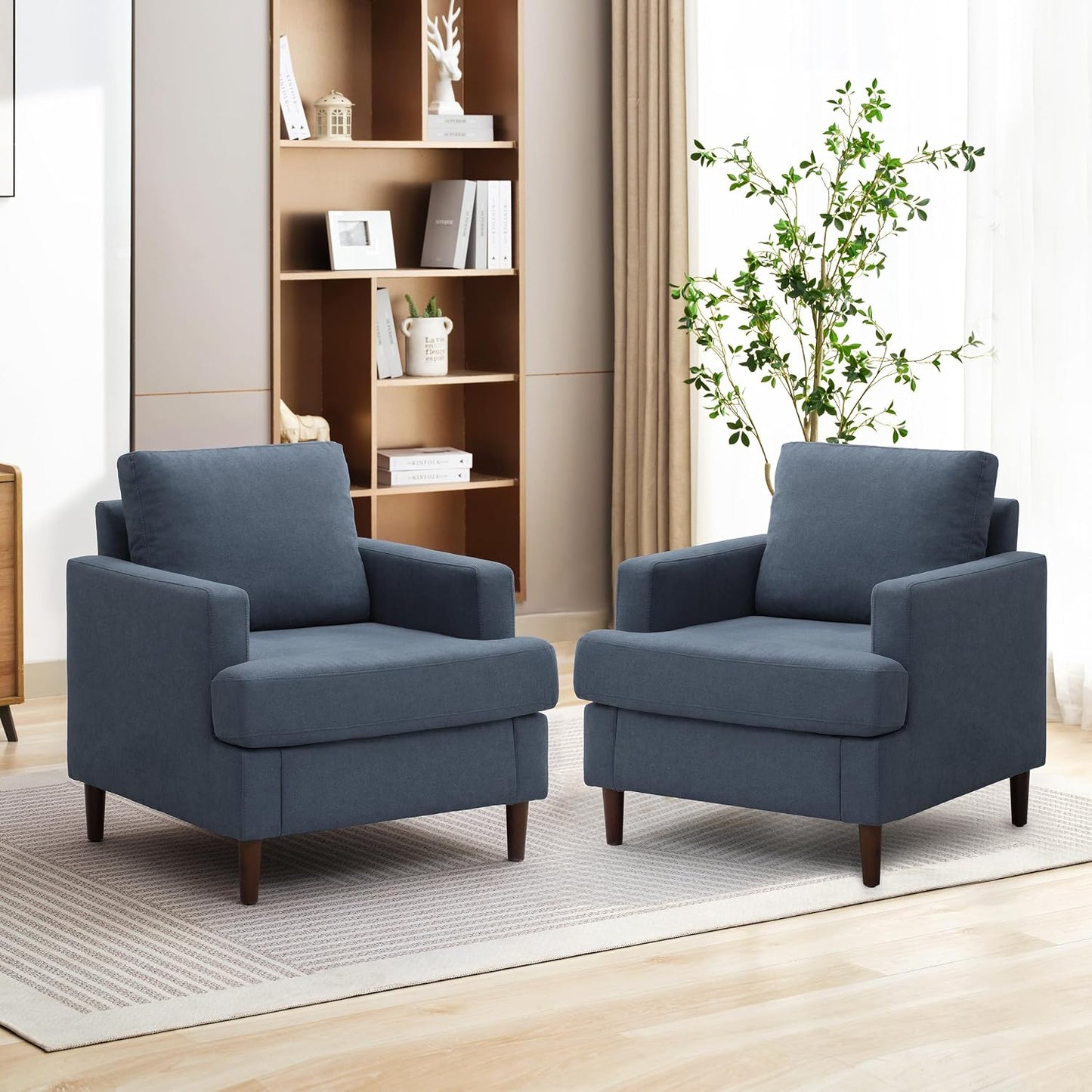Weture Mid-Century Accent Chair,Modern Linen Fabric Armchair for Living Room,Comfy Upholstered Reading Accent Chairs for Bedroom,Single Sofa Chair with Wood Legs (Beige, 1 Pack) — Blue / 1 Pack