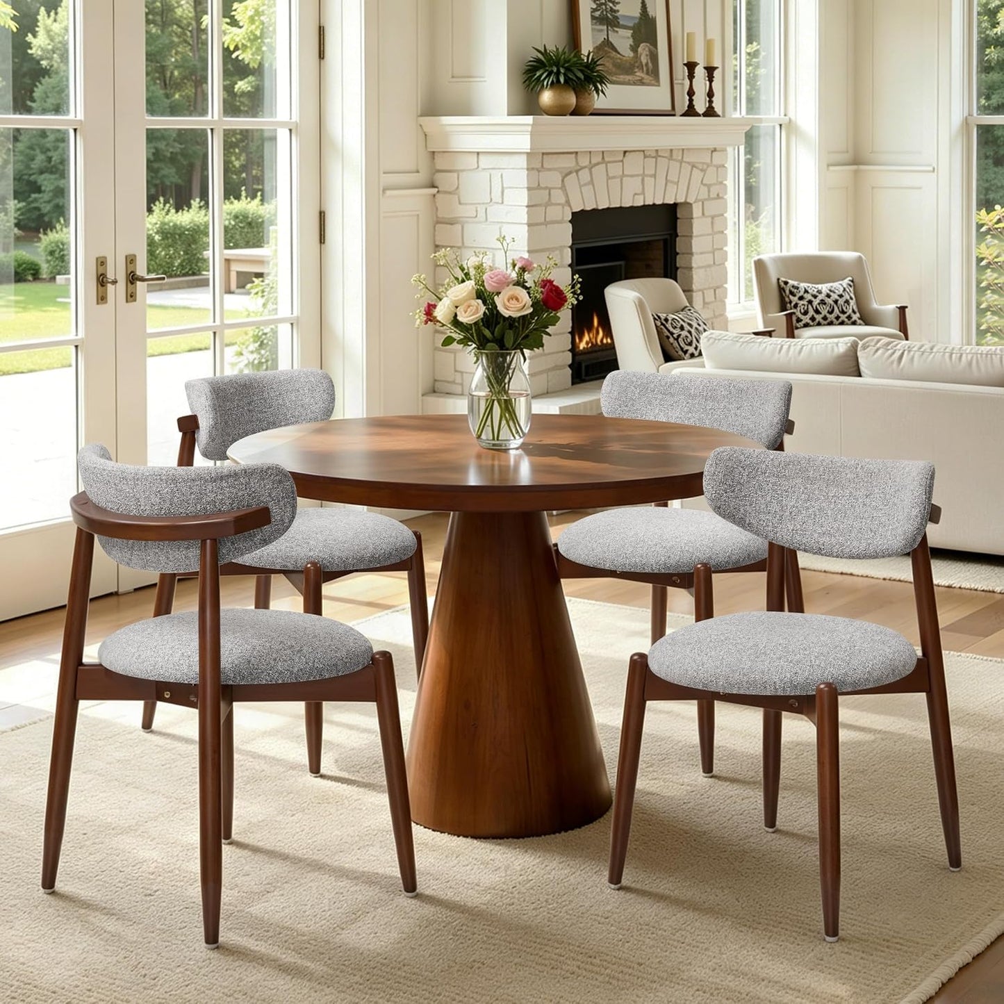 CHUN YI Dining Chairs Set of 4, Upholstered Wooden Dining Room Chairs, Mid Century Modern Fabric Kitchen Chair with Ergonomic Curved Backrest, Beige (Only Chairs) — Round-gray / Set of 4
