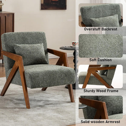 Mid-Century Modern Accent Chair with Solid Wood Frame，Upholstered Chenille Living Room Arm Chairs with Pillow for Bedroom, Living Room, Balcony, Reading Room, Green — 1 / Green (5)