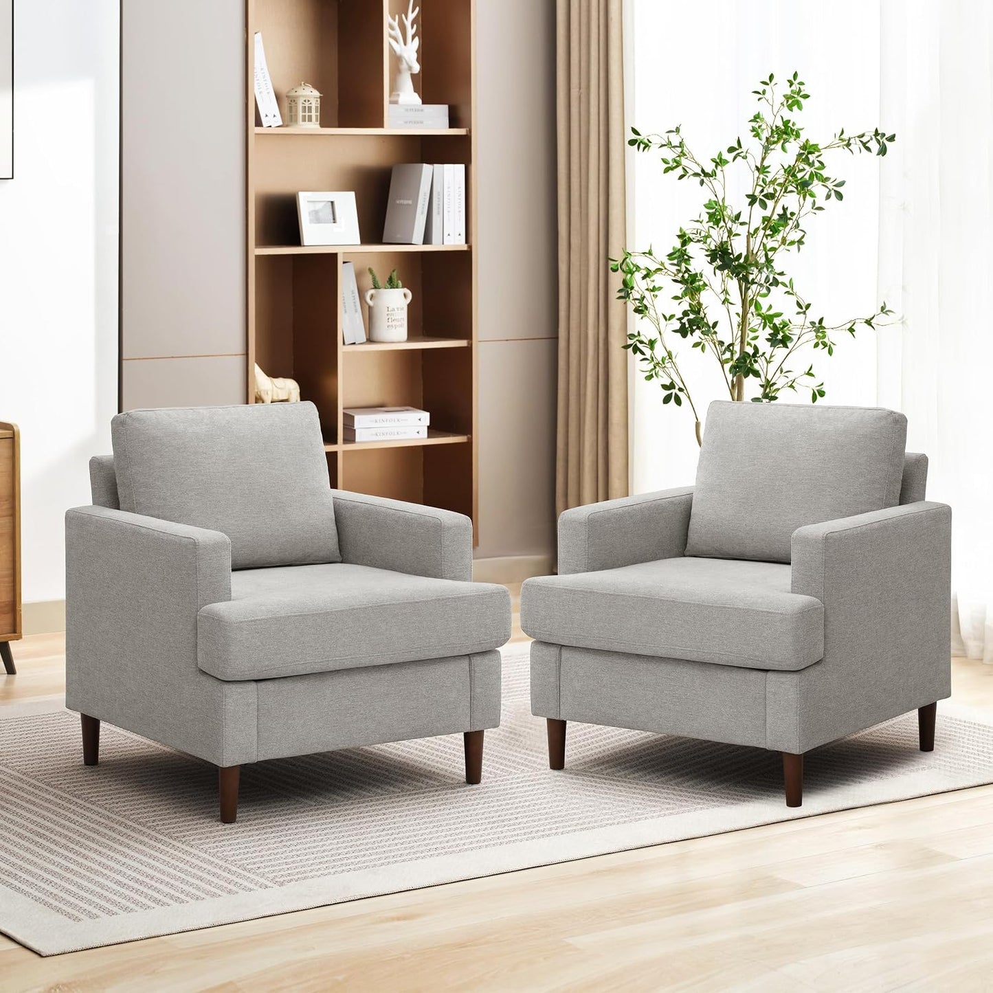 Weture Mid-Century Accent Chair,Modern Linen Fabric Armchair for Living Room,Comfy Upholstered Reading Accent Chairs for Bedroom,Single Sofa Chair with Wood Legs (Beige, 1 Pack)