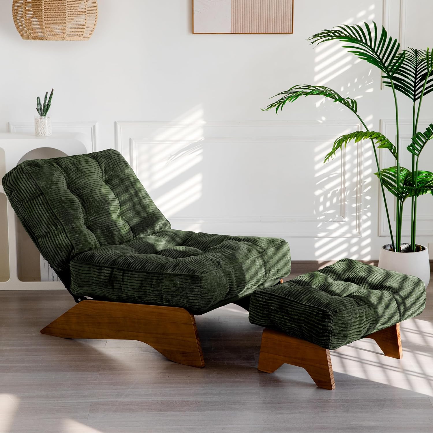MAXYOYO Accent Chair with Ottoman Adjustable Backrest, Tufted Living Room Chair Upholstered Lounge Chair with Footrest Set, Modern Chair Cozy Reclining Chair for Reading Room, Green — Corded-green / Large