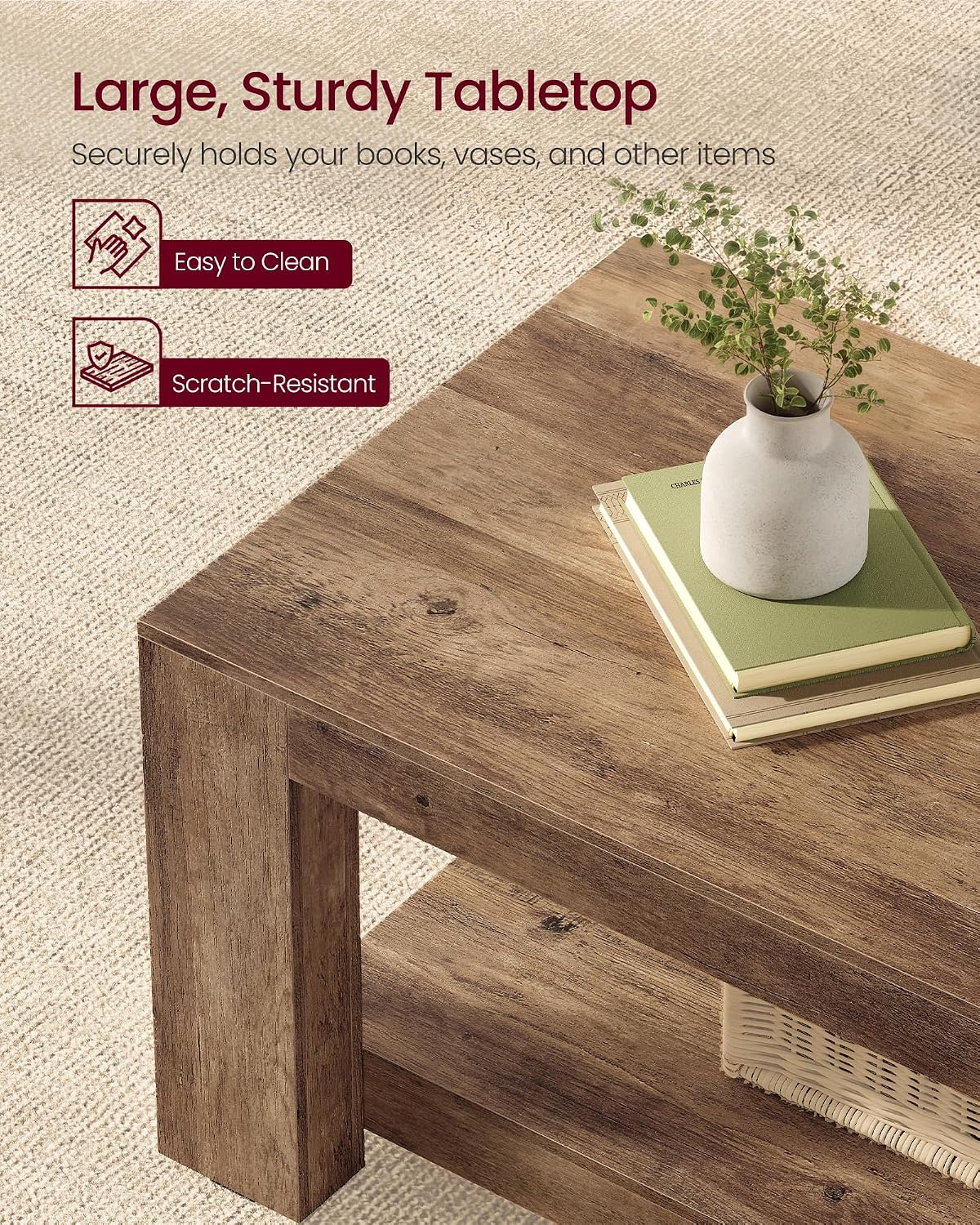 VASAGLE Coffee Table, 2-Tier Center Table with Rustic Charm and Clean Lines, Farmhouse Style, for Living Room, 21.7 x 39.4 x 17.7 in, Honey Brown, Koni Collection ULCT270K101 — Honey Brown (5)