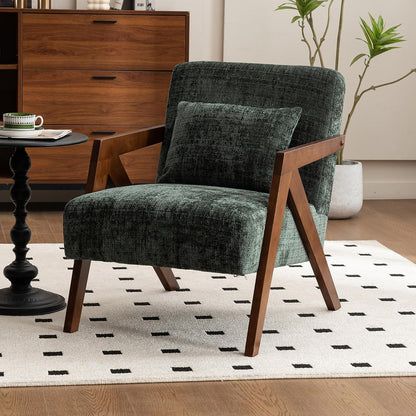 Mid-Century Modern Accent Chair with Solid Wood Frame，Upholstered Chenille Living Room Arm Chairs with Pillow for Bedroom, Living Room, Balcony, Reading Room, Green — 1 / Dark Green