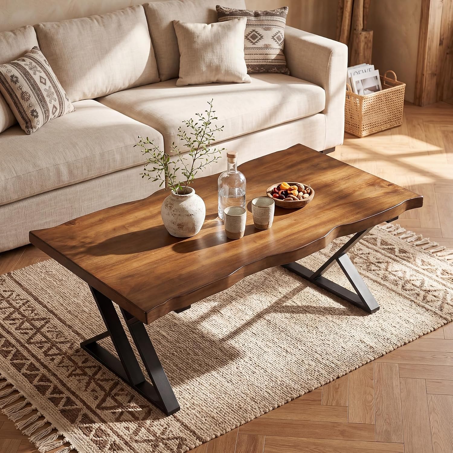 47 Inch Solid Wood Coffee Table with X-Shaped Metal Legs for Living Room | Pinewood Tabletop, Wavy Sihouette Design, Adjustable Foot Pads, Spacious Accent Center Table for Daily Storage & Display