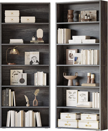 IRONCK Bookshelf and Bookcases 70" Tall, 6 Tiers Display Storage Shelves | Bookshelves Set of 2, Wood Bookcase with Open Display Shelves for Home Office, Living Room, Library, Industrial Brown — Charcoal Grey