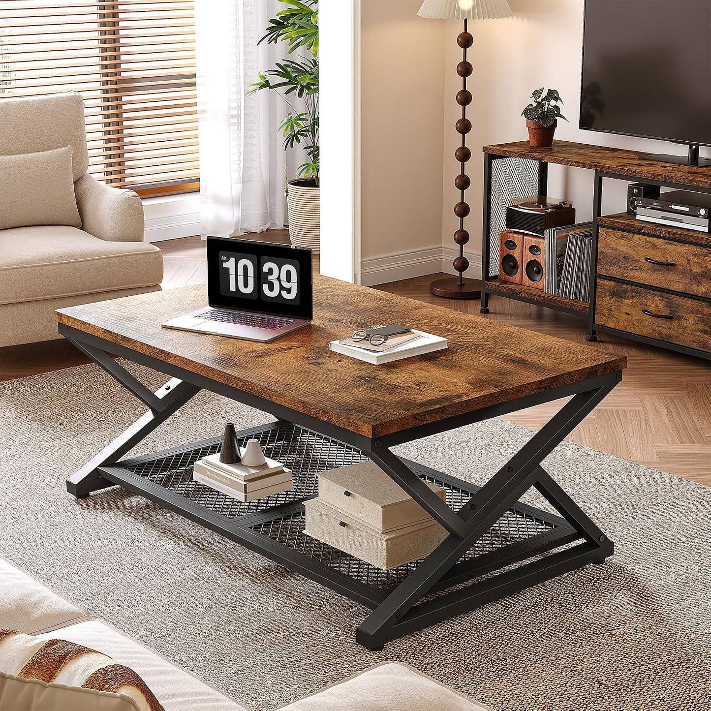 EnHomee Coffee Table with Storage & Shelf for Living Room, Rustic Brown | Families, Wood & Metal, Holds Magazines & Drinks, Industrial Design — Rustic Brown / 39.4 Inch (3)