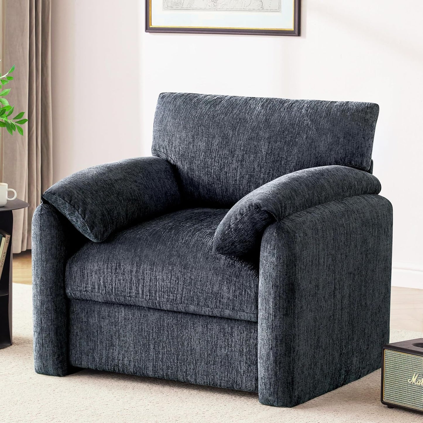 Howjoe Chenille Oversized Armchair, 38.6" Wide Accent Chairs for Living Room & Bedroom Modern Lounge Chair, Upholstered Mid-Century Reading Chair, Comfy Living Room Chair, Single Sofa Chair, Beige — Blue / 1 Pack