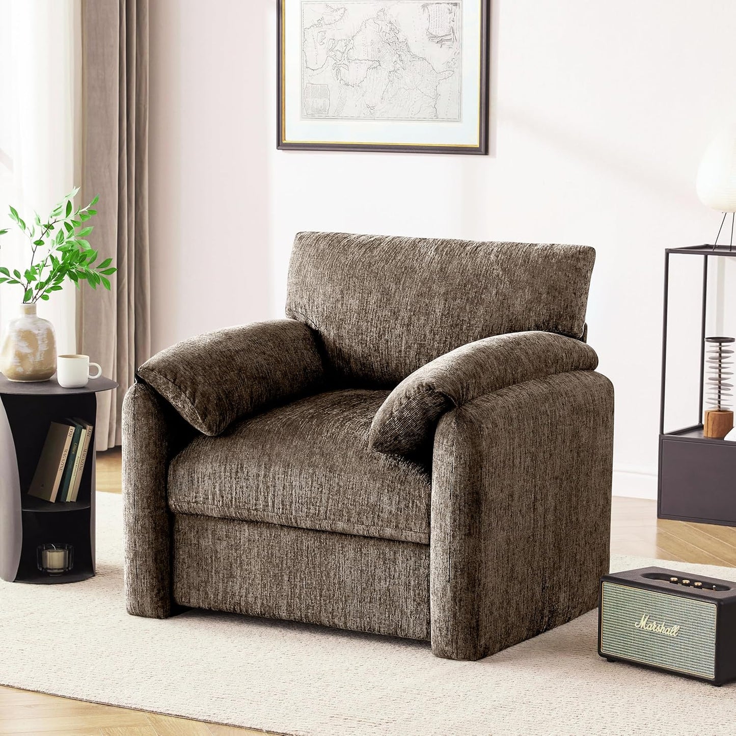Howjoe Chenille Oversized Armchair, 38.6" Wide Accent Chairs for Living Room & Bedroom Modern Lounge Chair, Upholstered Mid-Century Reading Chair, Comfy Living Room Chair, Single Sofa Chair, Beige — Brown / 1 Pack