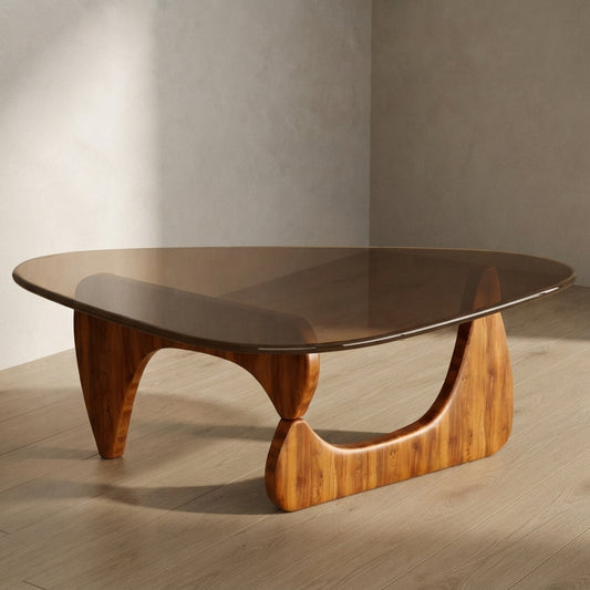Modern Coffee Table — Glass Top & Triangular Wood Base | Ashnook