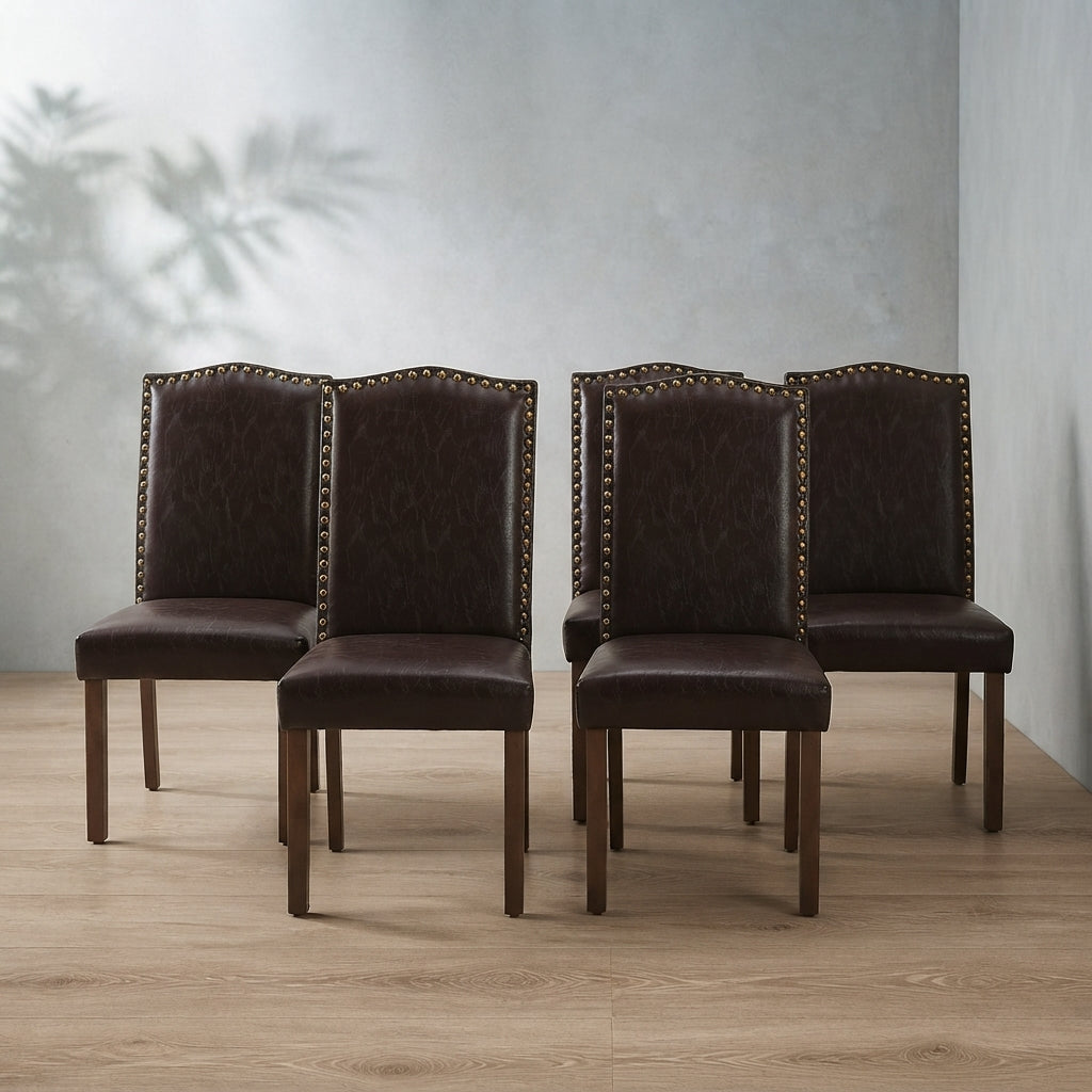 DUMOS Mid-Century Modern Dining Chairs — Brown PU Leather | Ashnook