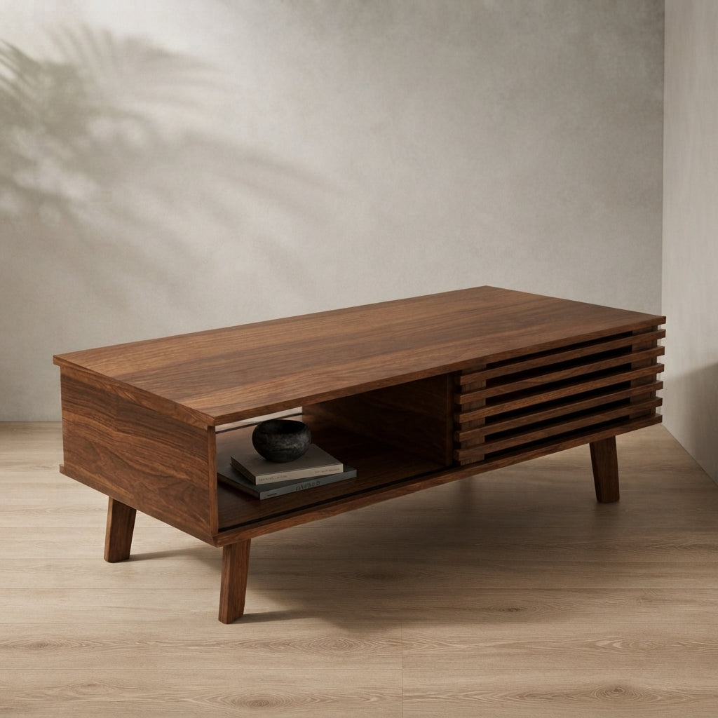 Walnut Coffee Table — Mid-Century Modern with Sliding Storage | Ashnook