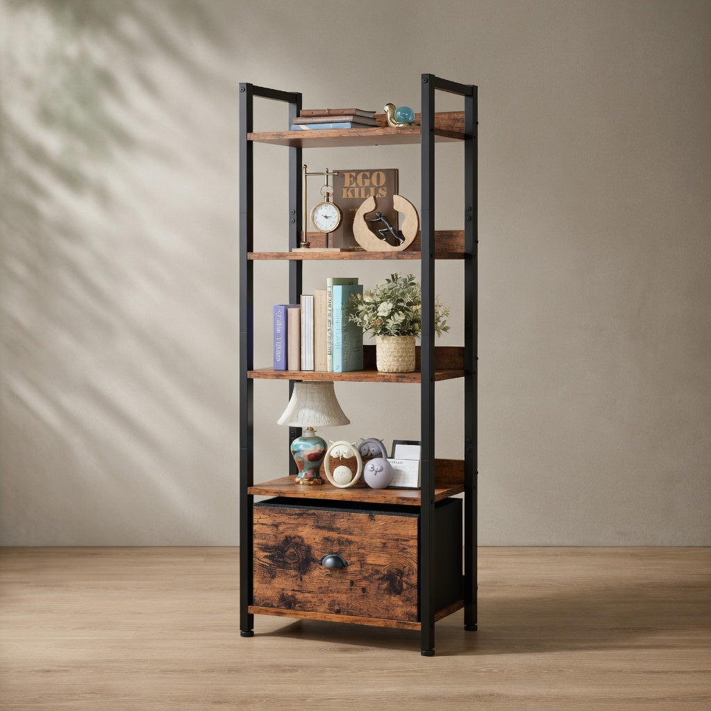 Tall Industrial Bookshelf — 5-Tier with Storage Drawer | Ashnook