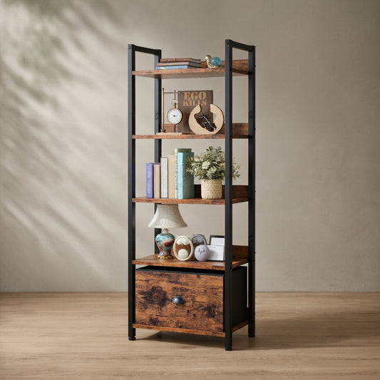 Tall Industrial Bookshelf — 5-Tier with Storage Drawer | Ashnook