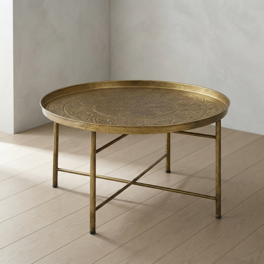 Vintage Metal Round Coffee Table — Hammered Tray Top | Ashnook