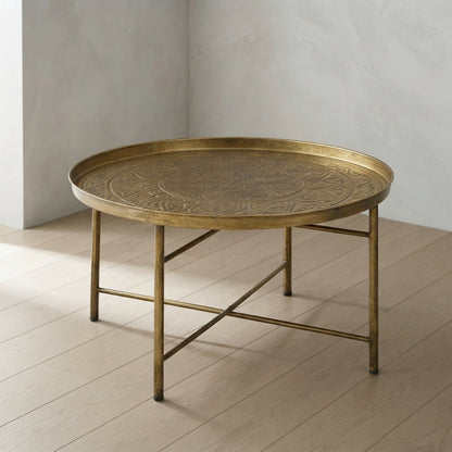 Vintage Metal Round Coffee Table — Hammered Tray Top | Ashnook