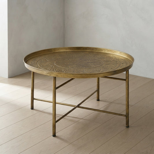 Vintage Metal Round Coffee Table — Hammered Tray Top | Ashnook