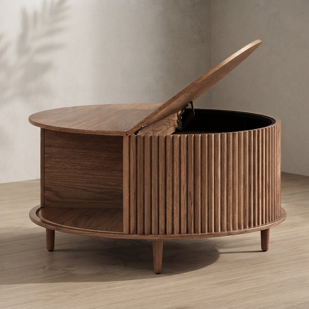 Fluted Round Coffee Table — Mid-Century Storage Design | Ashnook