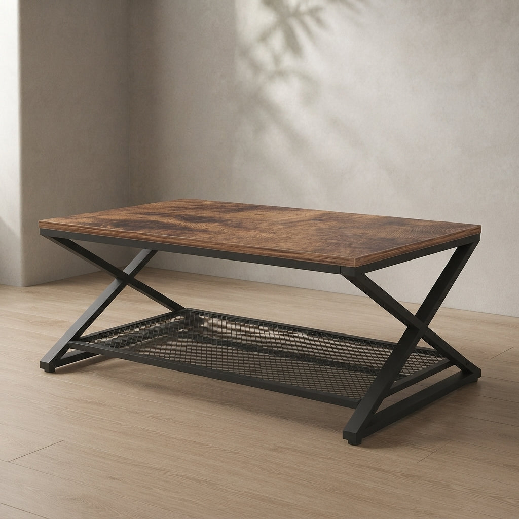 Industrial Coffee Table — Two-Tier with Mesh Storage | Ashnook