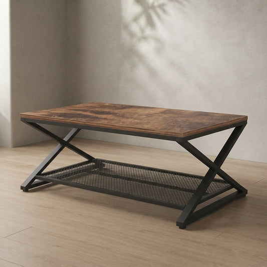 Industrial Coffee Table — Two-Tier with Mesh Storage | Ashnook