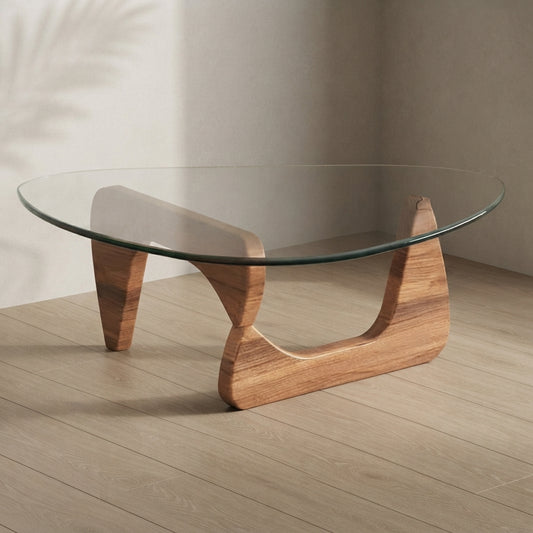 Noguchi-Inspired Glass Coffee Table — Modern Wood Base | Ashnook