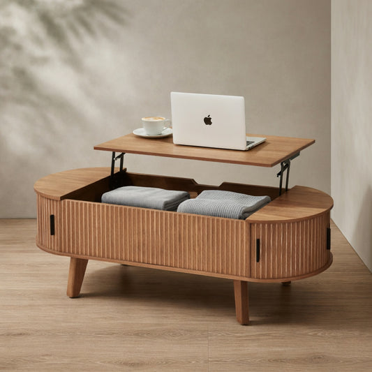 Mid-Century Oval Coffee Table — Lift Top with Tambour Storage | Ashnook