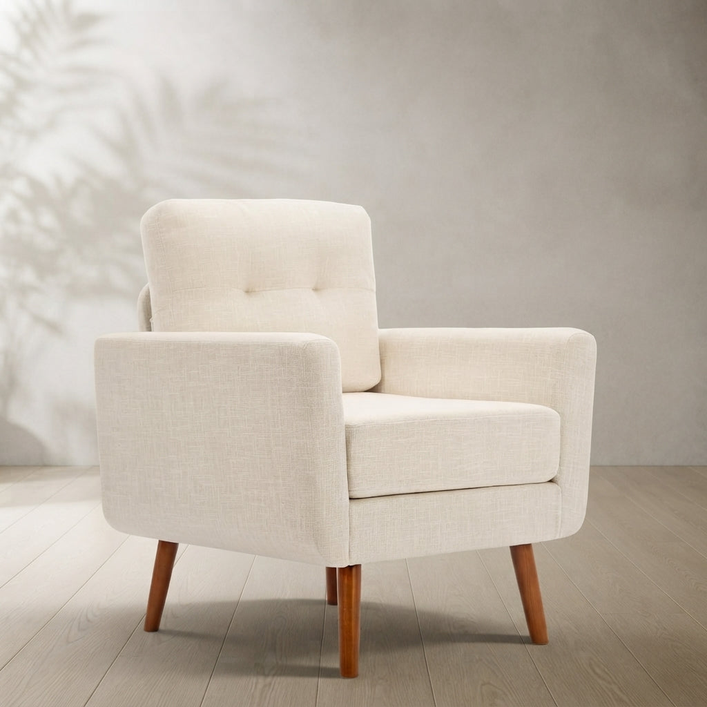 Mid-Century Modern Accent Chair — Linen Upholstery and Button Tufting | Ashnook