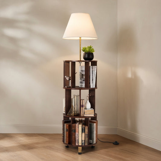 Dark Brown Round Bookcase — with Integrated Floor Lamp | Ashnook
