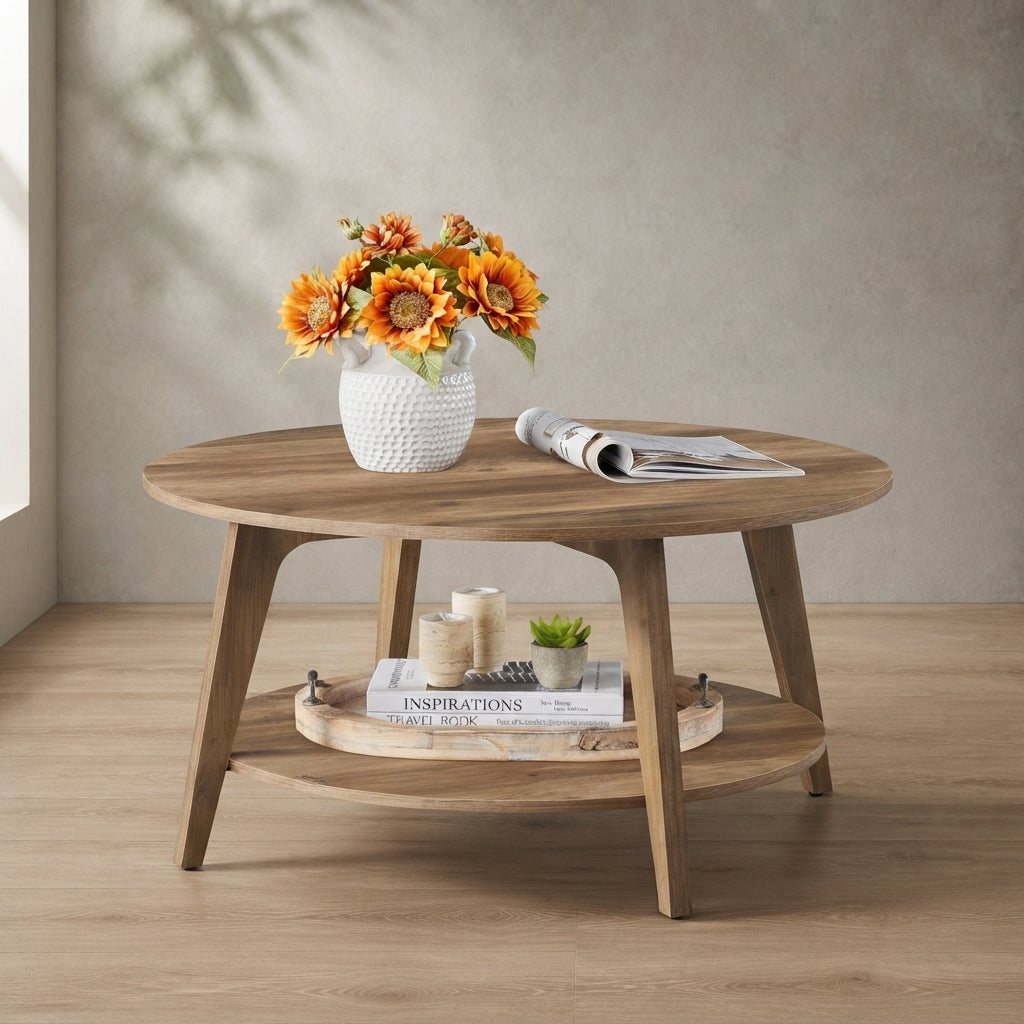 Maezo Round Coffee Table — Mid-Century Modern with 2-Tier Storage | Ashnook