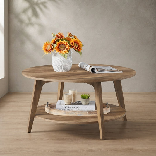 Maezo Round Coffee Table — Mid-Century Modern with 2-Tier Storage | Ashnook