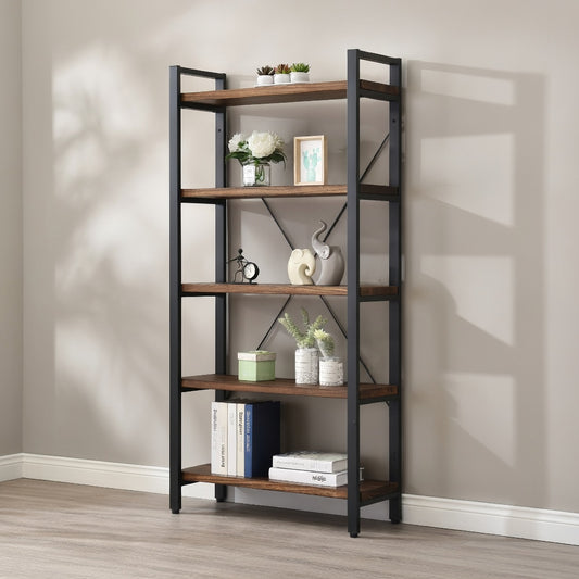 Industrial Etagere Bookcase — Solid Wood & Metal Frame | Ashnook